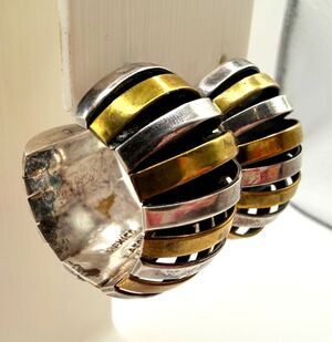 LATON 925 Sterling Silver Brass Two Tone Modernist Vintage Hoop Earrings Mexico